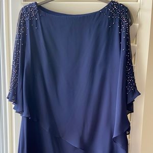 XSCAPE navy blue dress sz 14. Knee length. Beaded sleeves. Fully lined. Worn 1